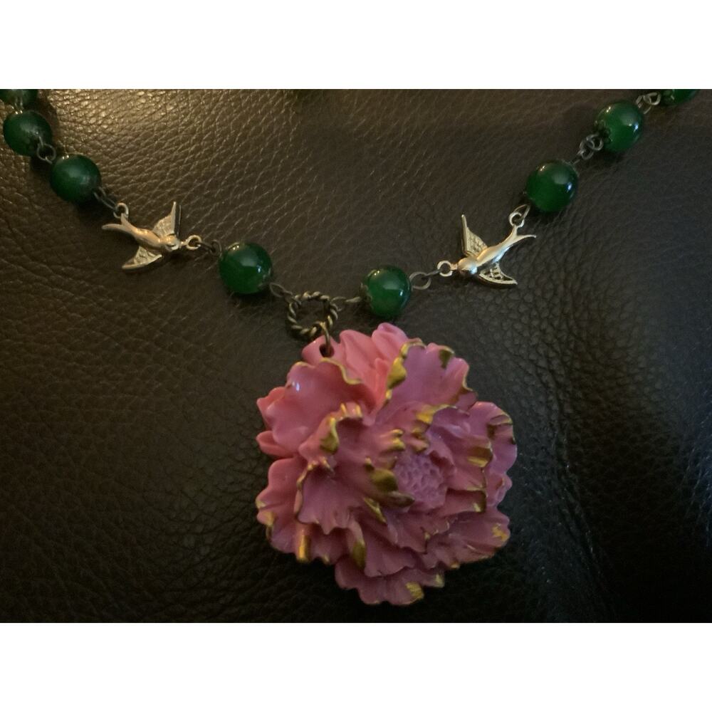 Shabby Chic Peony Bird Flower Necklace Earrings VTG Cottagecore Artisan French - Picture 5 of 9